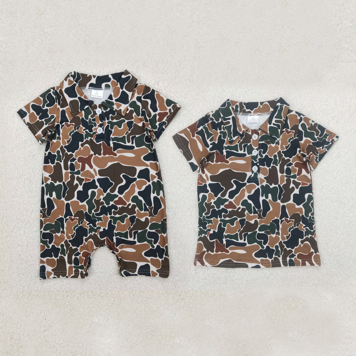 Sibling Baby Boys Short Sleeves Dark Brown Camo Button Polo Shirts Top Rompers