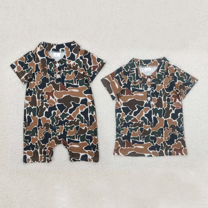 Sibling Baby Boys Short Sleeves Dark Brown Camo Button Polo Shirts Top Rompers