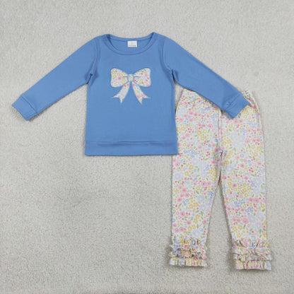 Sibling Baby Girls Embroidery Floral Bows Top Ruffle Pant Clothes Sets