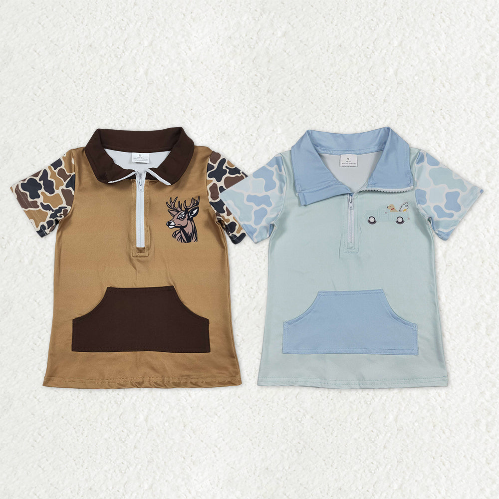 Sibling Baby Boys Short Sleeve Southern Camo Zipper Pockets Deer Dogs Hunting Pullovers Top
