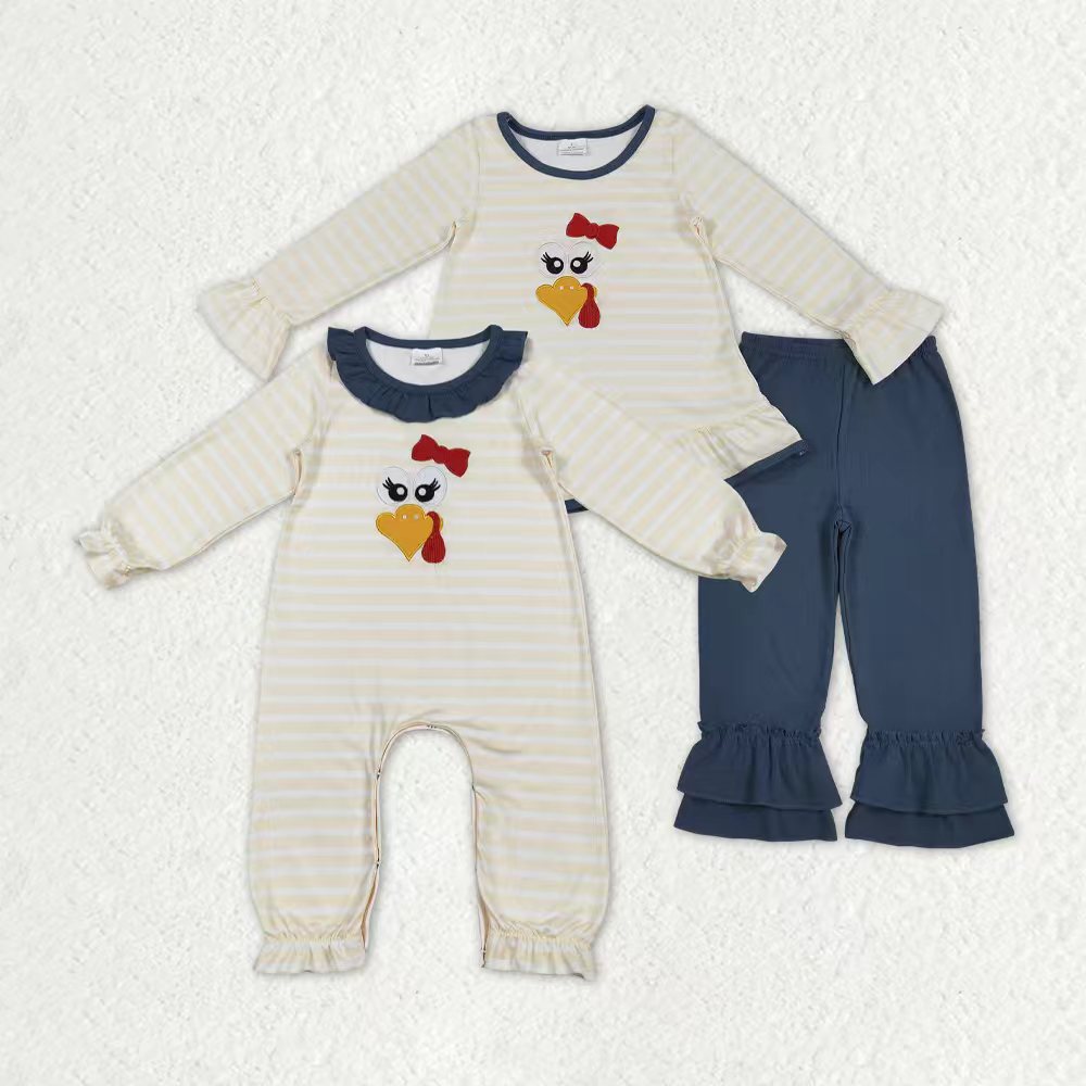 Sibling Baby Girls Stripe Embroidery Turkey Tunic Ruffle Pants Thanksgiving Set Footie Rompers