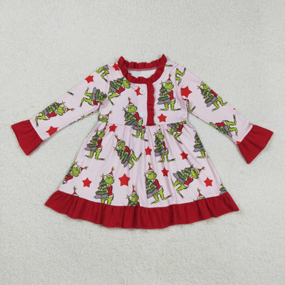 Sibling Baby Girls Christmas Green Face Stars Pajamas Set Zipper Footie Romper Knee Length Dresses