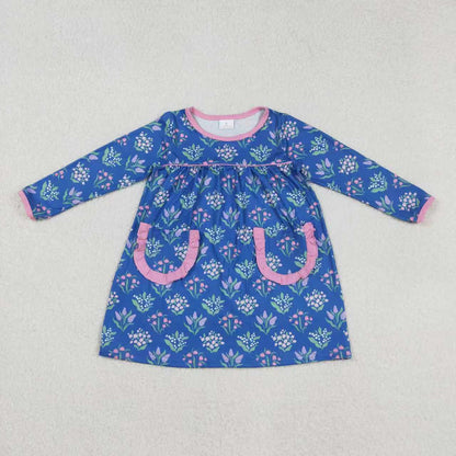 Sibling Baby Girls Pink Shirts Blue Floral Pockets Skorts Clothes Set Knee Length Dresses