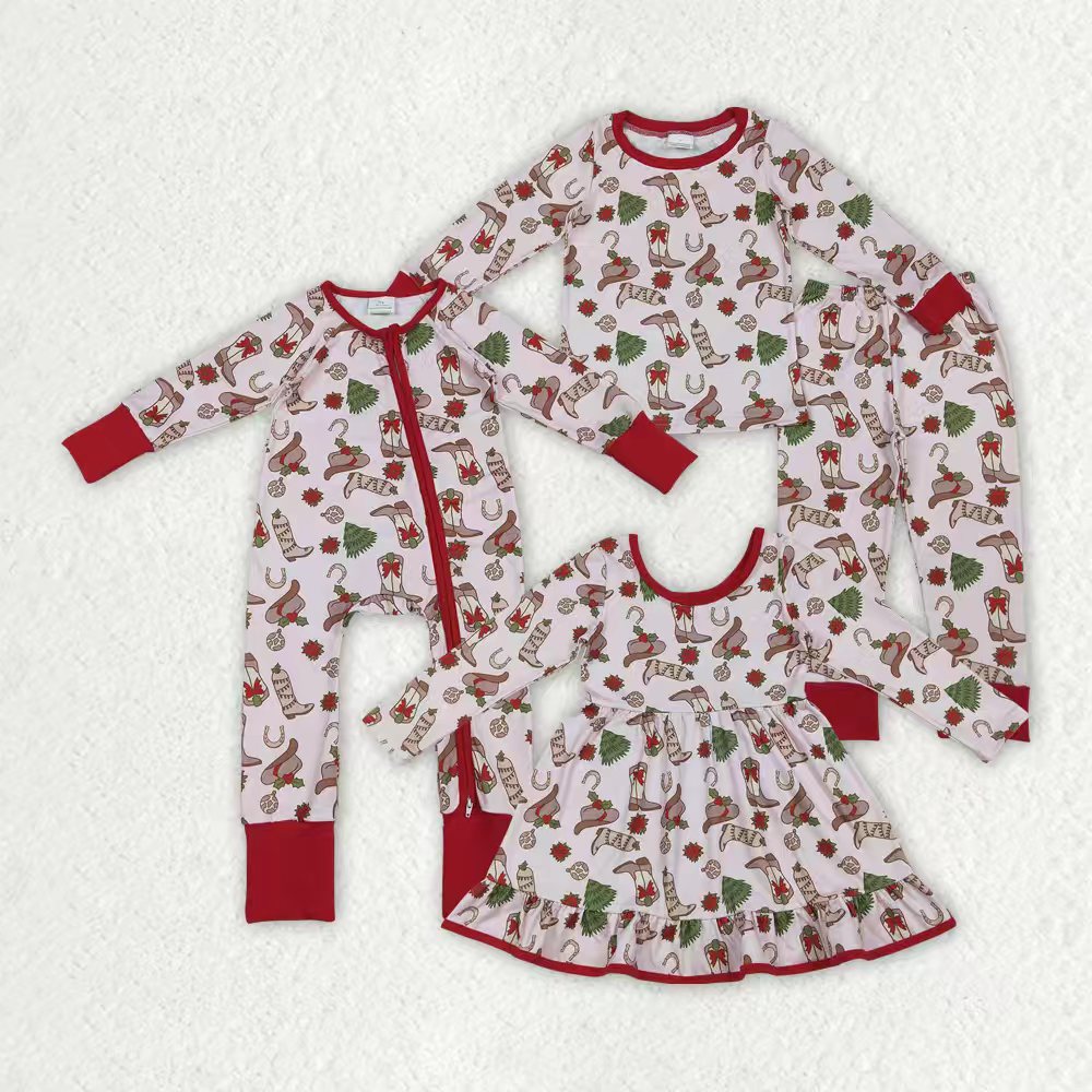 Sibling Baby Girls Boots Holly Trees Christmas Knee Length Dress Zipper Rompers Pajamas Sets
