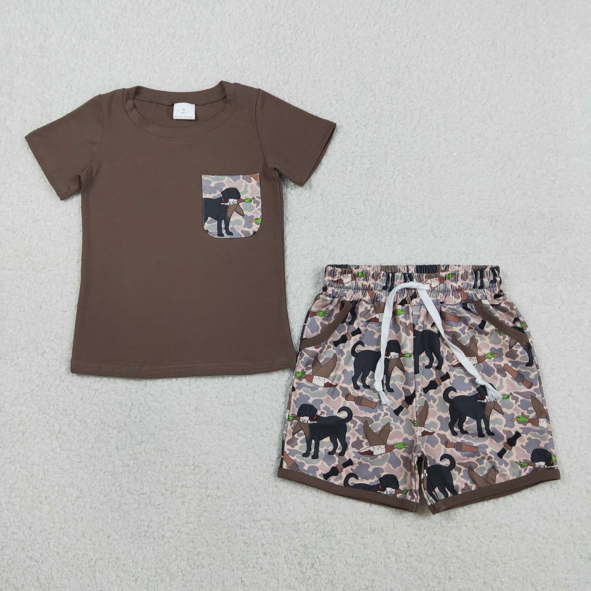 Sibling Baby Boys Brown Top Dog Ducks Camo Pockets Short Hunting Clothes Set Rompers