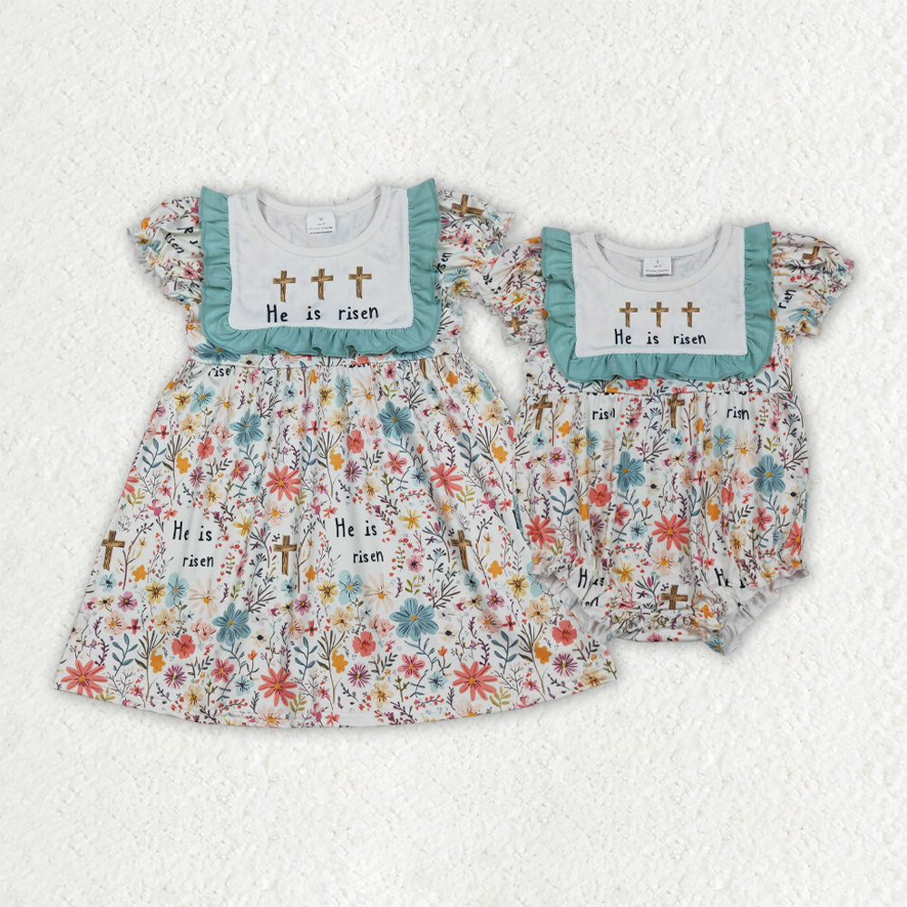 Sibling Baby Girls He is Risen Crosses Flowers Easter Knee Length Dresses Rompers