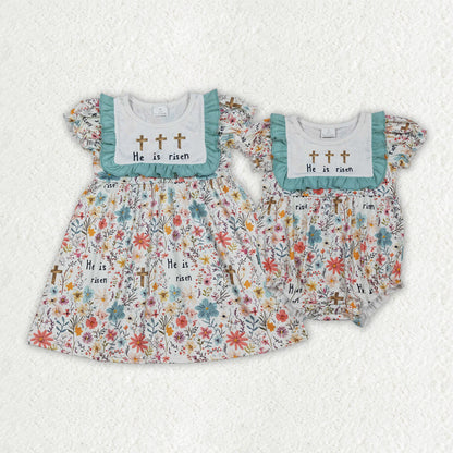 Sibling Baby Girls He is Risen Crosses Flowers Easter Knee Length Dresses Rompers