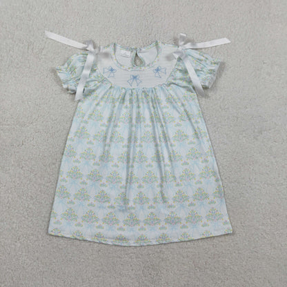 Sibling Smocked Bows Flower Checked Knee Length Dress Ruffle Rompers