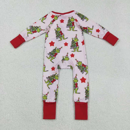 Sibling Baby Girls Christmas Green Face Stars Pajamas Set Zipper Footie Romper Knee Length Dresses