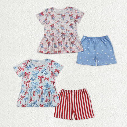 Sibling Baby Girls Red Blue Bows Boots Ruffle Tunic Shorts 4th of July Clothes Sets