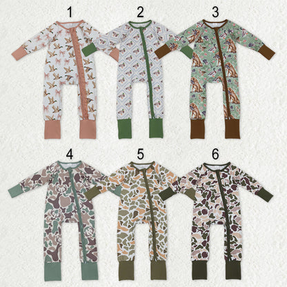 Sibling Baby Kids Ducks Camo Southern Hunting Two Way Zipper Convertible Rompers