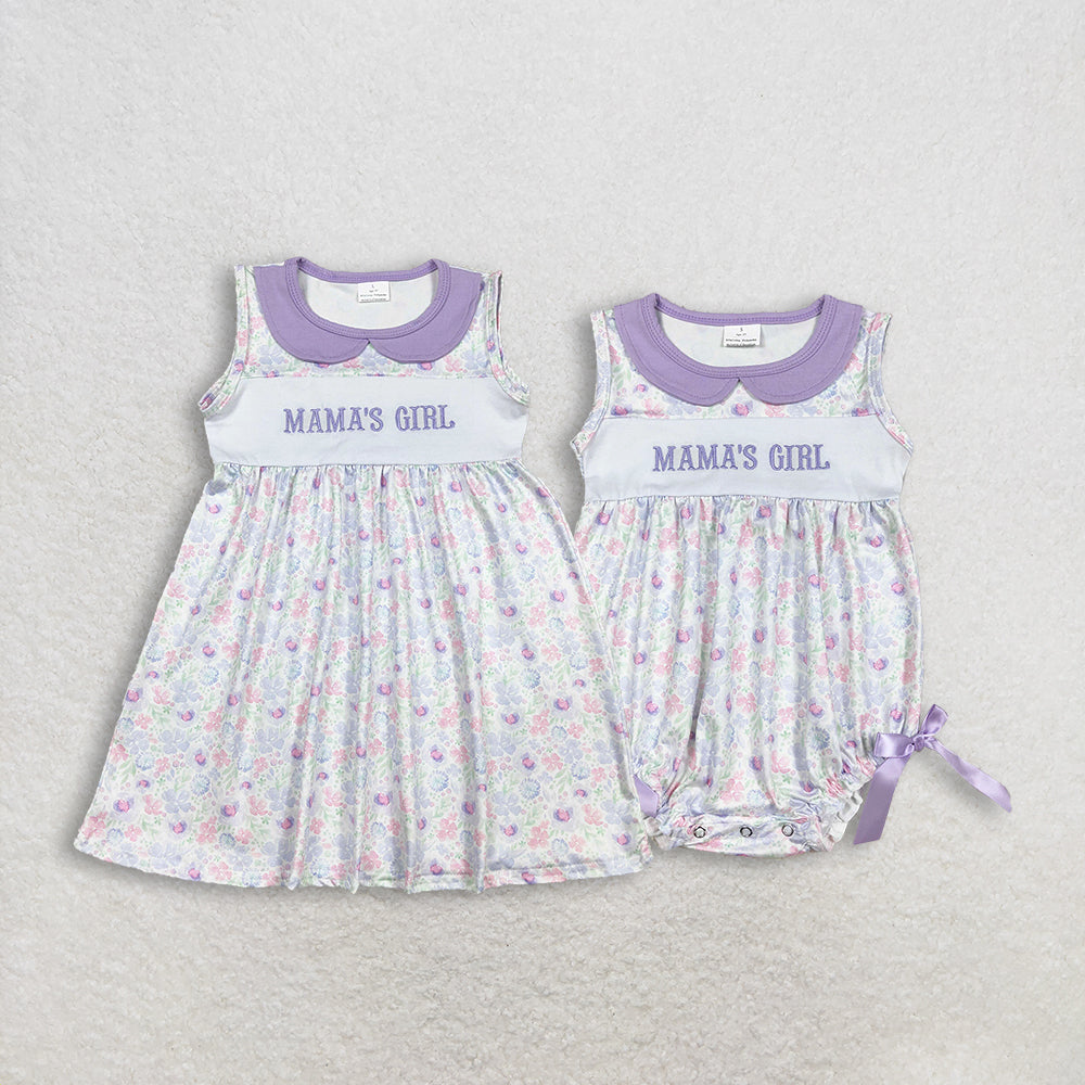 Sibling Baby Girls Sleeveless Embroidery Mama's Girl Flowers Collar Knee Length Dress Ruffle Romper