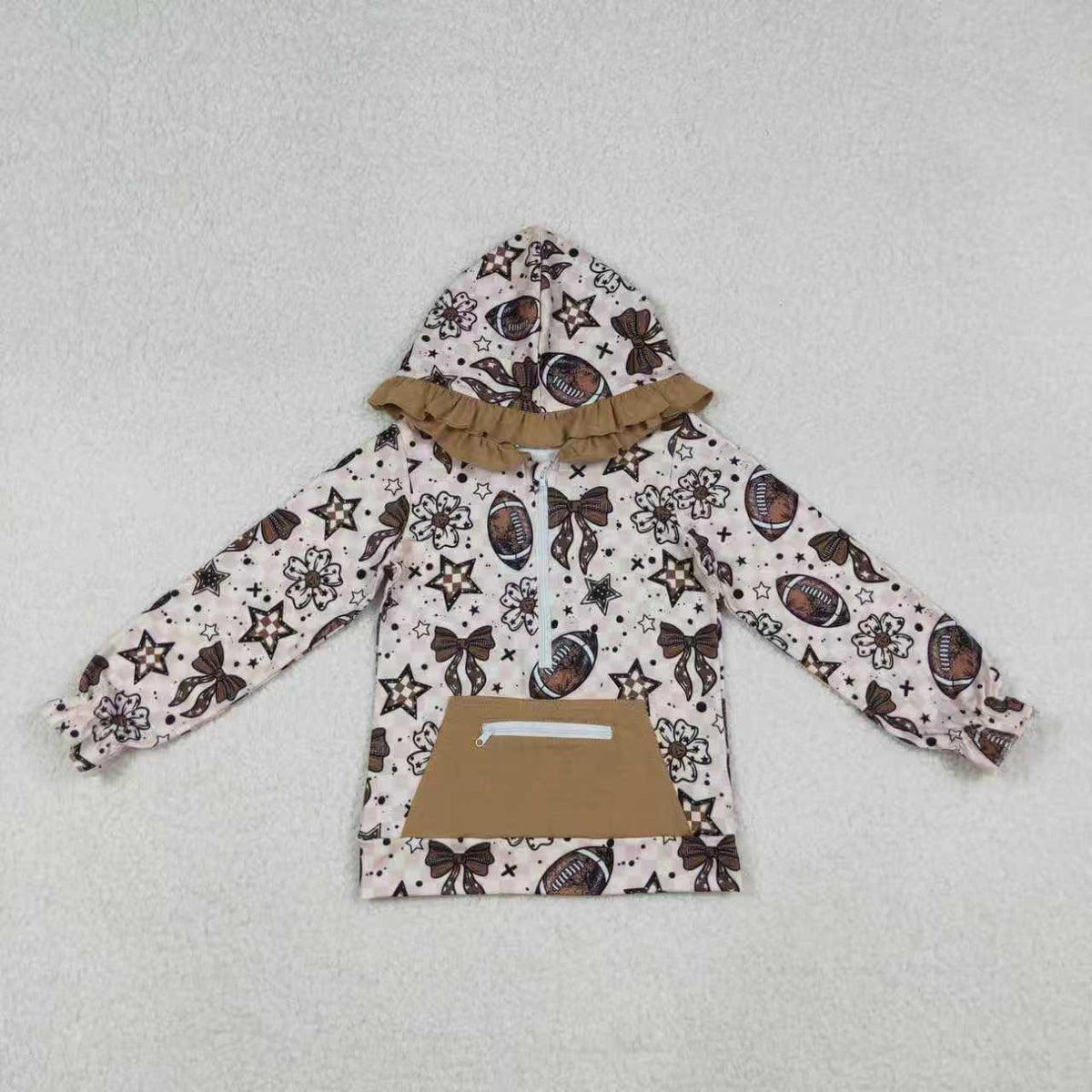 Sibling Baby Girls Bows Footballs Zip Pullover Top Pants Team Clothes Sets Ruffle Hoodies Top
