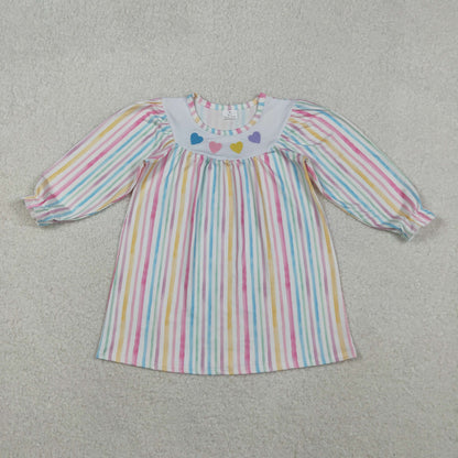 Sibling Baby Girls Colorful Stripe Embroidery Hearts Ruffle Sleeve Knee Length Dress Rompers