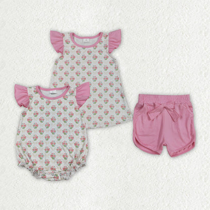 Sibling Baby Girls Park Flowers Checked Top Shorts Clothes Set Ruffle Rompers