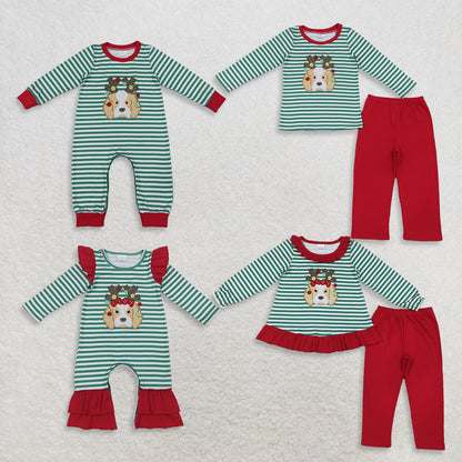 Sibling Baby Kids Embroidery Lights Dogs Christmas Stripe Clothes Set Rompers