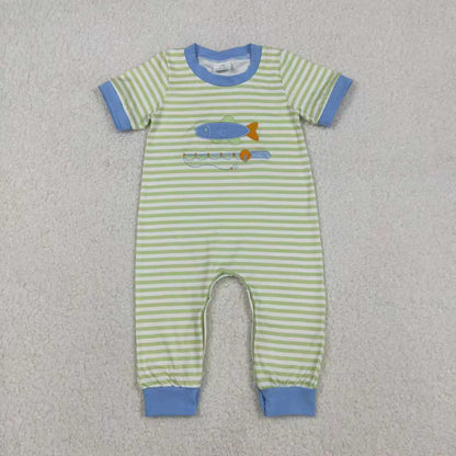 Sibling Baby Boys Embroidery Fishing Stripe Top Pockets Pant Hunting Clothes Sets Footie Romper