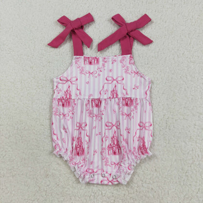 Sibling Baby Girls Pink Straps Castles Bows Checked Shorts Clothes Sets Romper