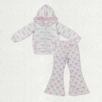 Sibling Baby Girls Pink Bows Zip Pocket Hoodies Jacket Denim Bell Bottom Pants Clothes Sets