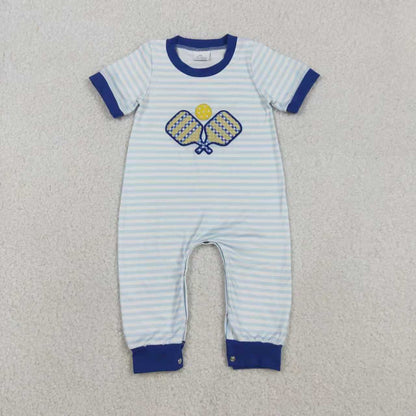 Sibling Baby Boys Blue Stripe Embroidery Tennis Pants Team Clothes Set Footie Rompers