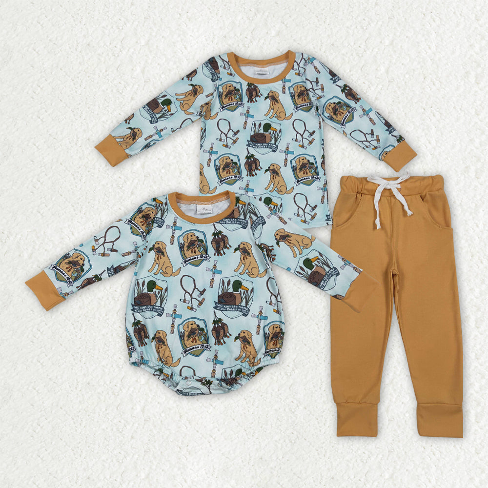 Sibling Baby Boys Dog Ducks Top Pockets Pant Hunting Clothes Sets Rompers