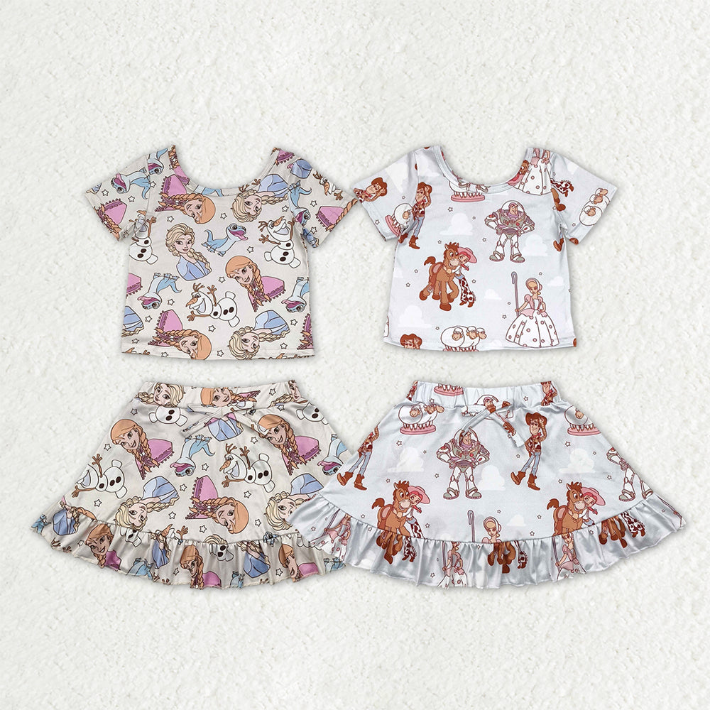 Sibling Baby Girls Short Sleeve Cartoon Princesses Top Ruffle Skirt Short Clothes Sets
