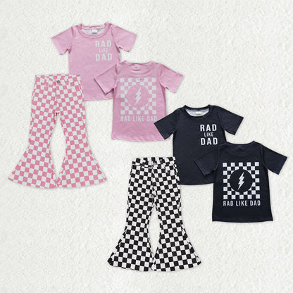 Sibling Baby Girls Rad Like Dad Back Print Top Checked Bell Bottom Denim Pants Clothes Sets