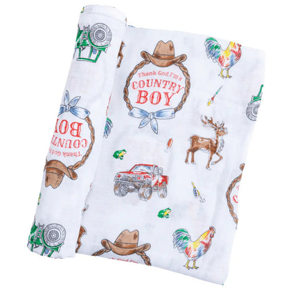 Little Hometown Country Boy Bamboo Swaddle Blanket | 47" x 47" Baby Muslin Receiving Blanke