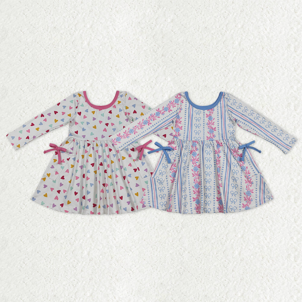 Sibling Baby Girls Colorful Hearts Bows Flowers Pockets Knee Length Dresses