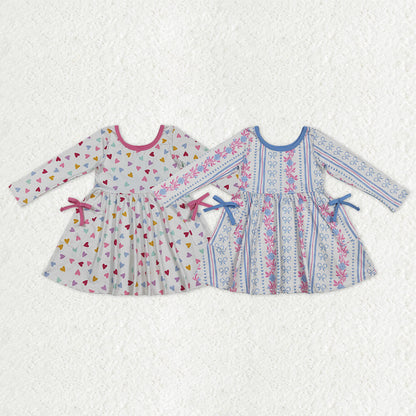 Sibling Baby Girls Colorful Hearts Bows Flowers Pockets Knee Length Dresses