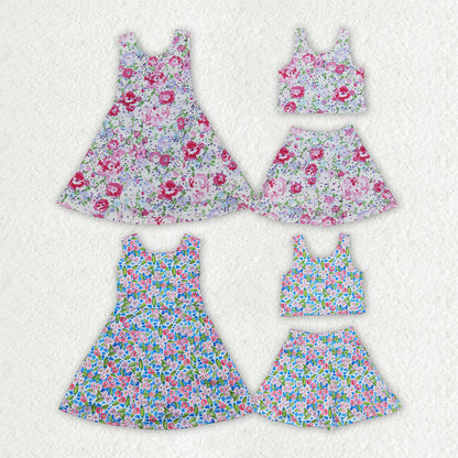 Sibling Baby Girls Flowers Sleeveless Athletic Skorts Sets Dresses
