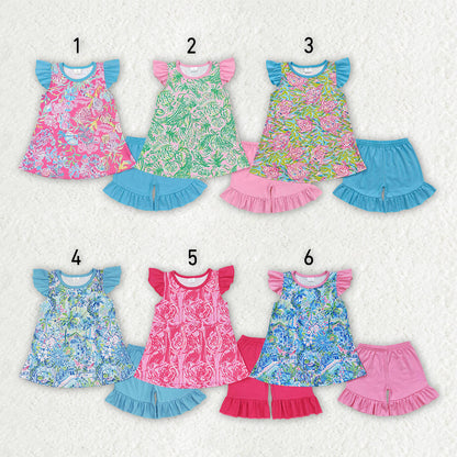Sibling Baby Girls Sea Flowers Tunic Ruffle Shorts Outfits