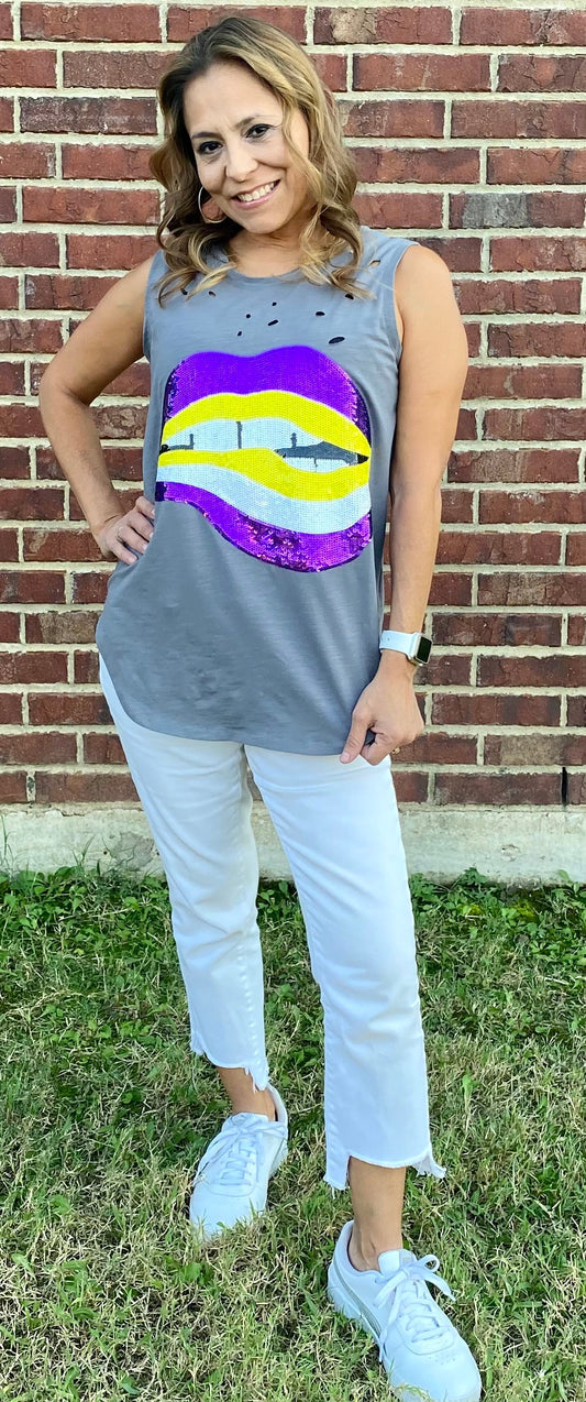Women's Purple & Gold Sequin Lips Tank Top