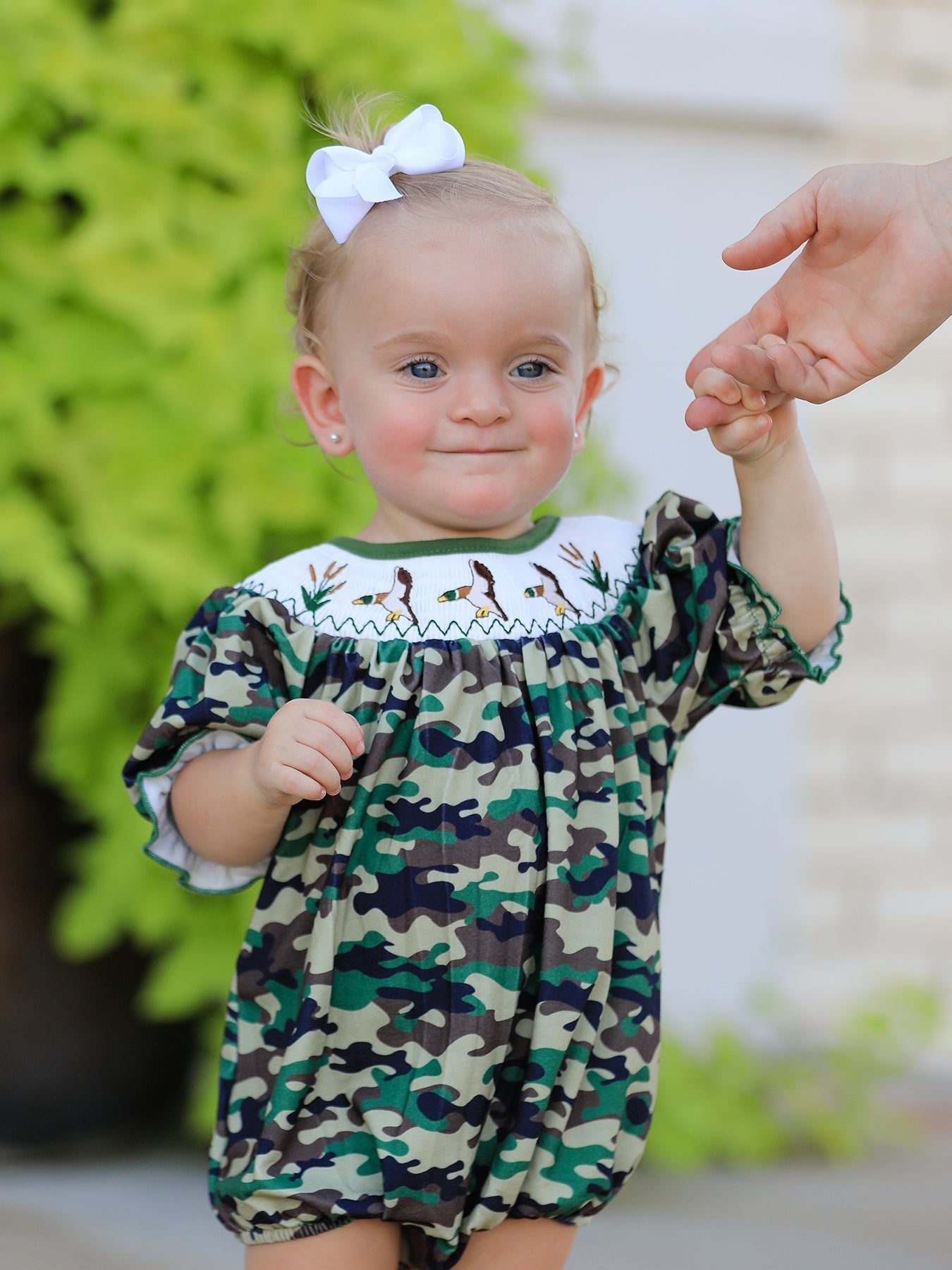 Camouflage Duck Smocking Embroidery Girls Romper