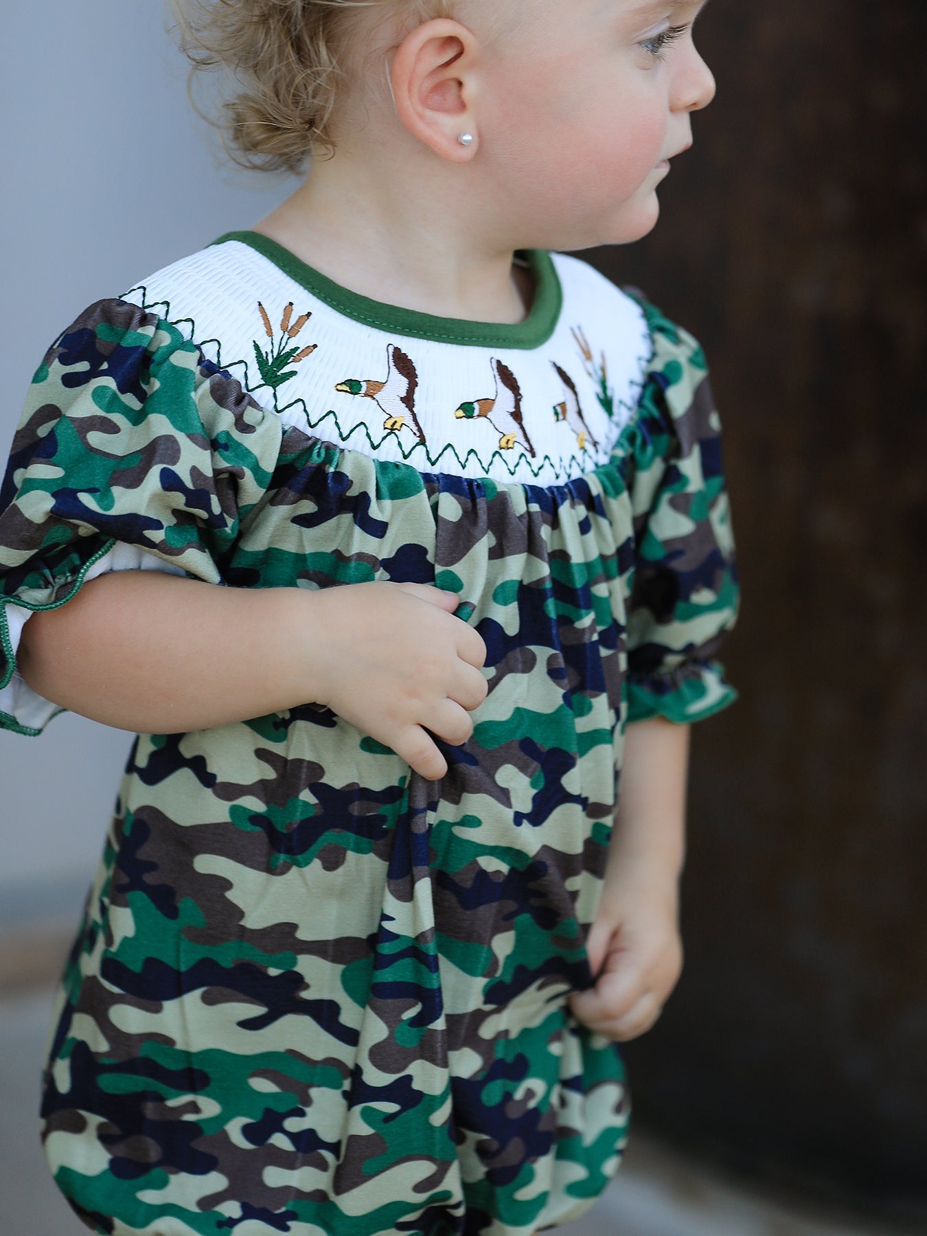 Camouflage Duck Smocking Embroidery Girls Romper
