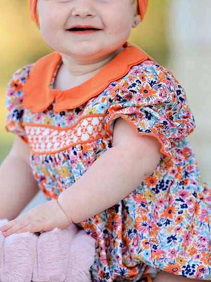 Fall Floral Smocked Petals Collar Girls Bubble Romper