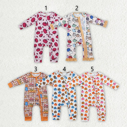 Sibling Baby Infant Girls Pumpkins Fall Zip Rompers
