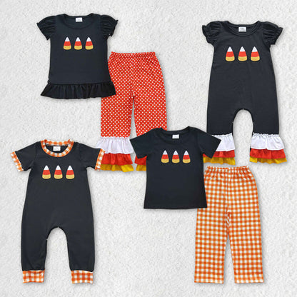 Sibling Baby Girls Halloween Candy Embroidery Rompers Outfits Sets