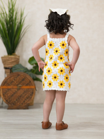 Summer Crochet Sunflower Girl Dress with Headscarf