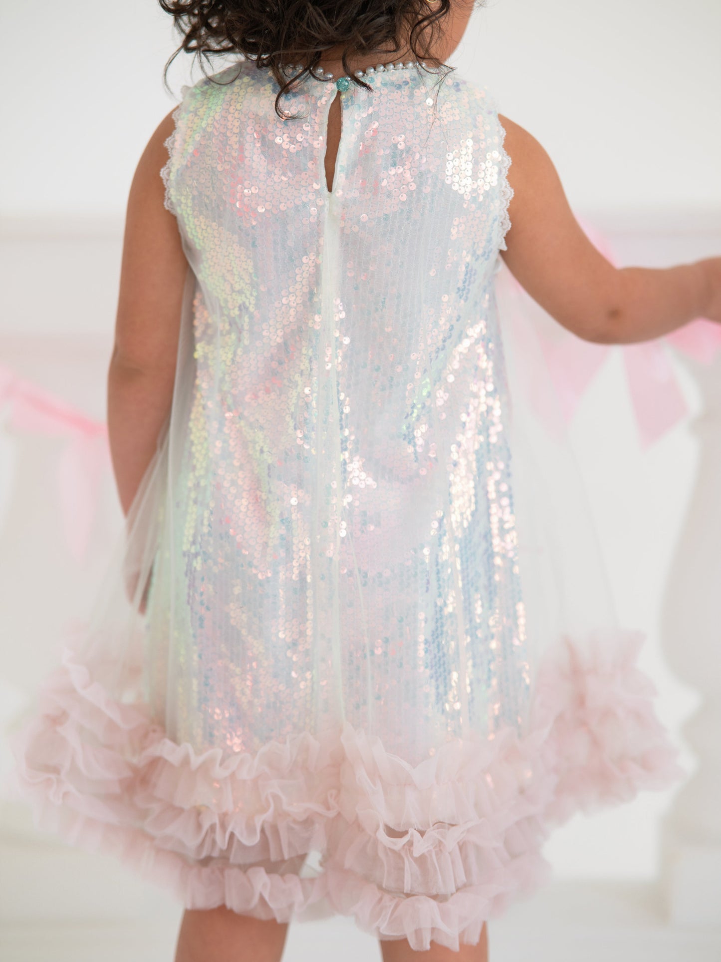 Iridescent Sequin Bow Ruffle Tulle Girls Dress