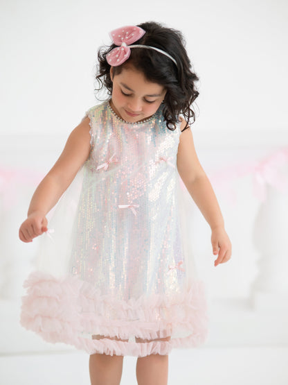 Iridescent Sequin Bow Ruffle Tulle Girls Dress