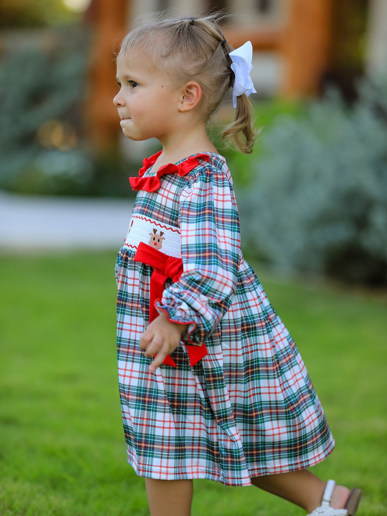 Christmas Embroidery Smocking Bow Plaid Girls Dress