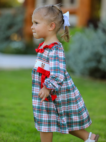 Christmas Embroidery Smocking Bow Plaid Girls Dress