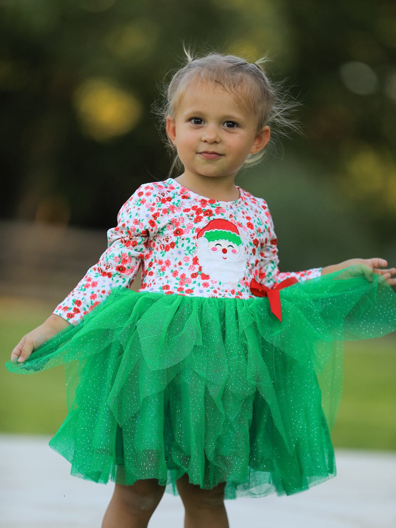Christmas Santa Applique Floral Long Sleeve Ruffle with Bow Ties Girls Dress
