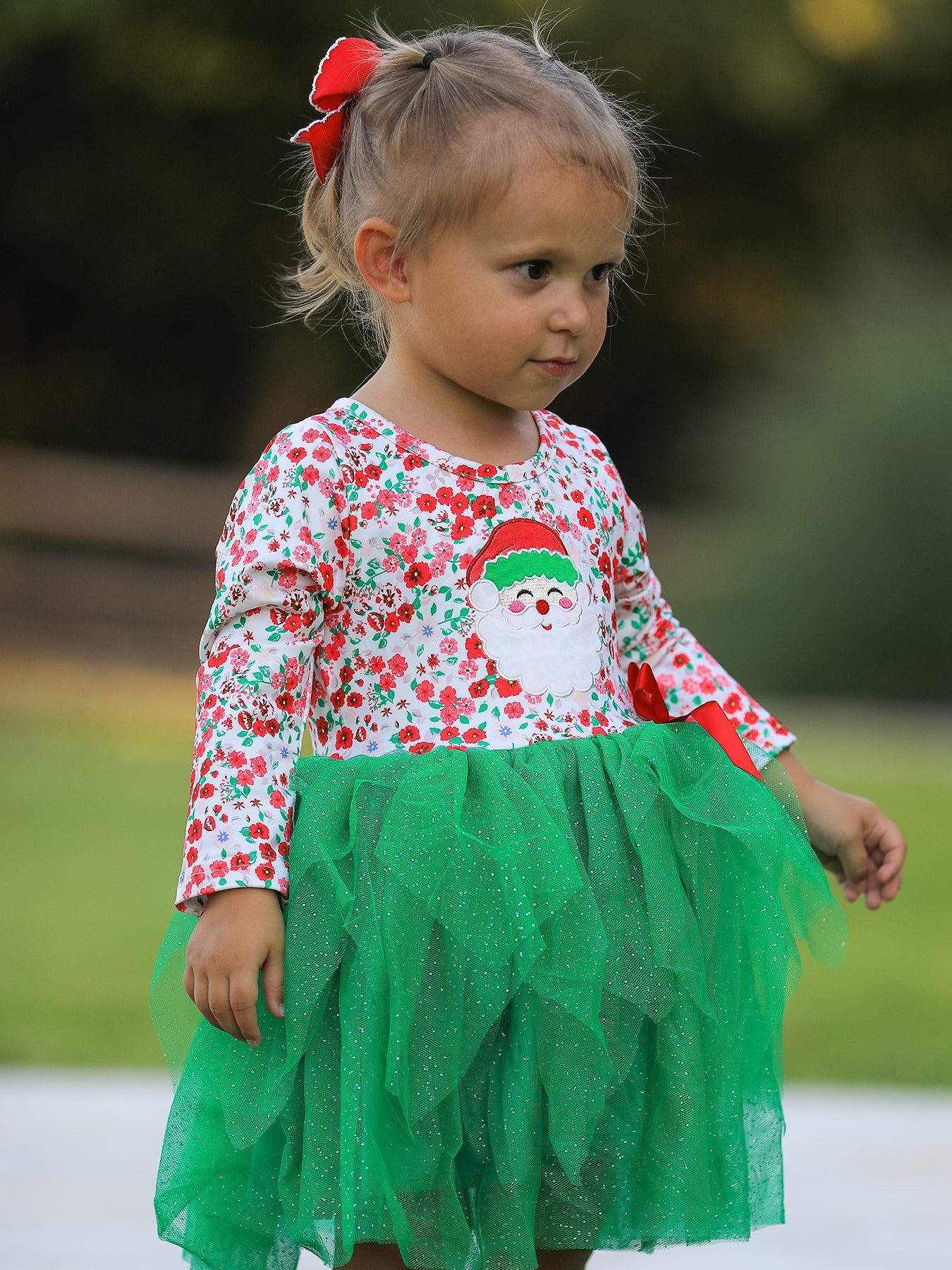 Christmas Santa Applique Floral Long Sleeve Ruffle with Bow Ties Girls Dress