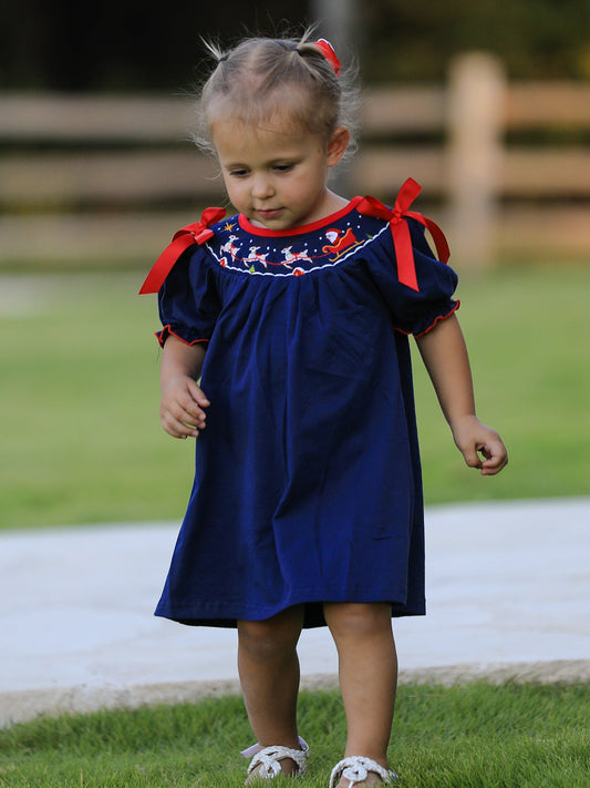 Christmas  Holiday Celebration Dress: Navy with Santa Sleigh