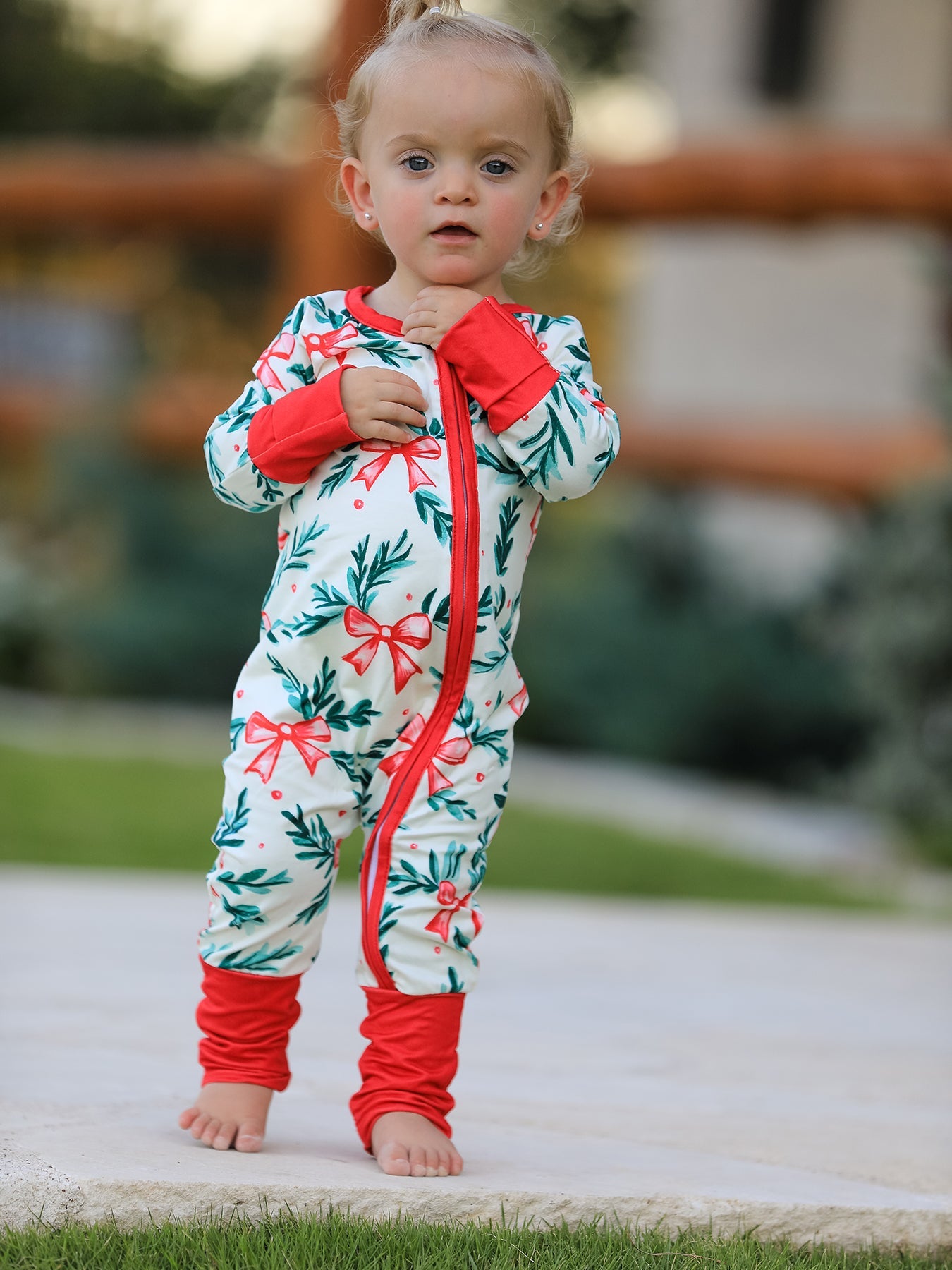 Mommy & Me Christmas Bow and Holly Print Pajama Girls Romper