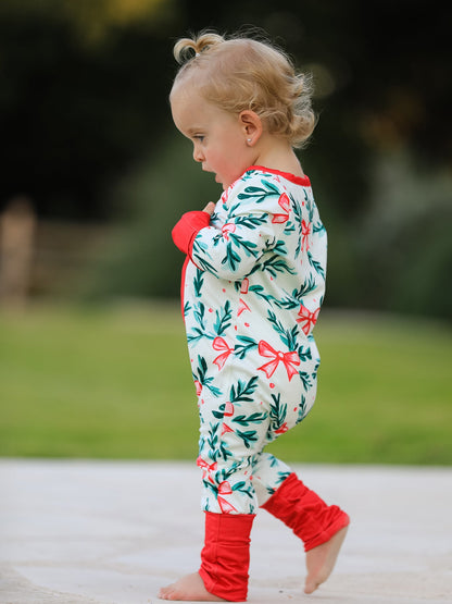 Mommy & Me Christmas Bow and Holly Print Pajama Girls Romper