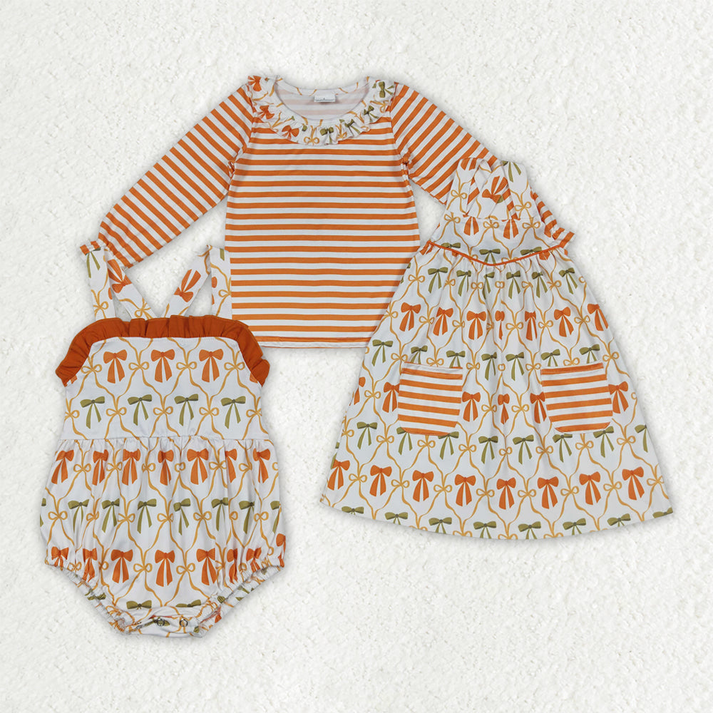 Sibling Baby Girls Stripe Orange Bows Rompers Outfits Clothes Sets