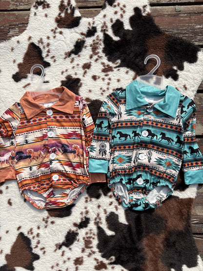 Sibling Baby Boys Western Horse Long Sleeve Buttons Rompers